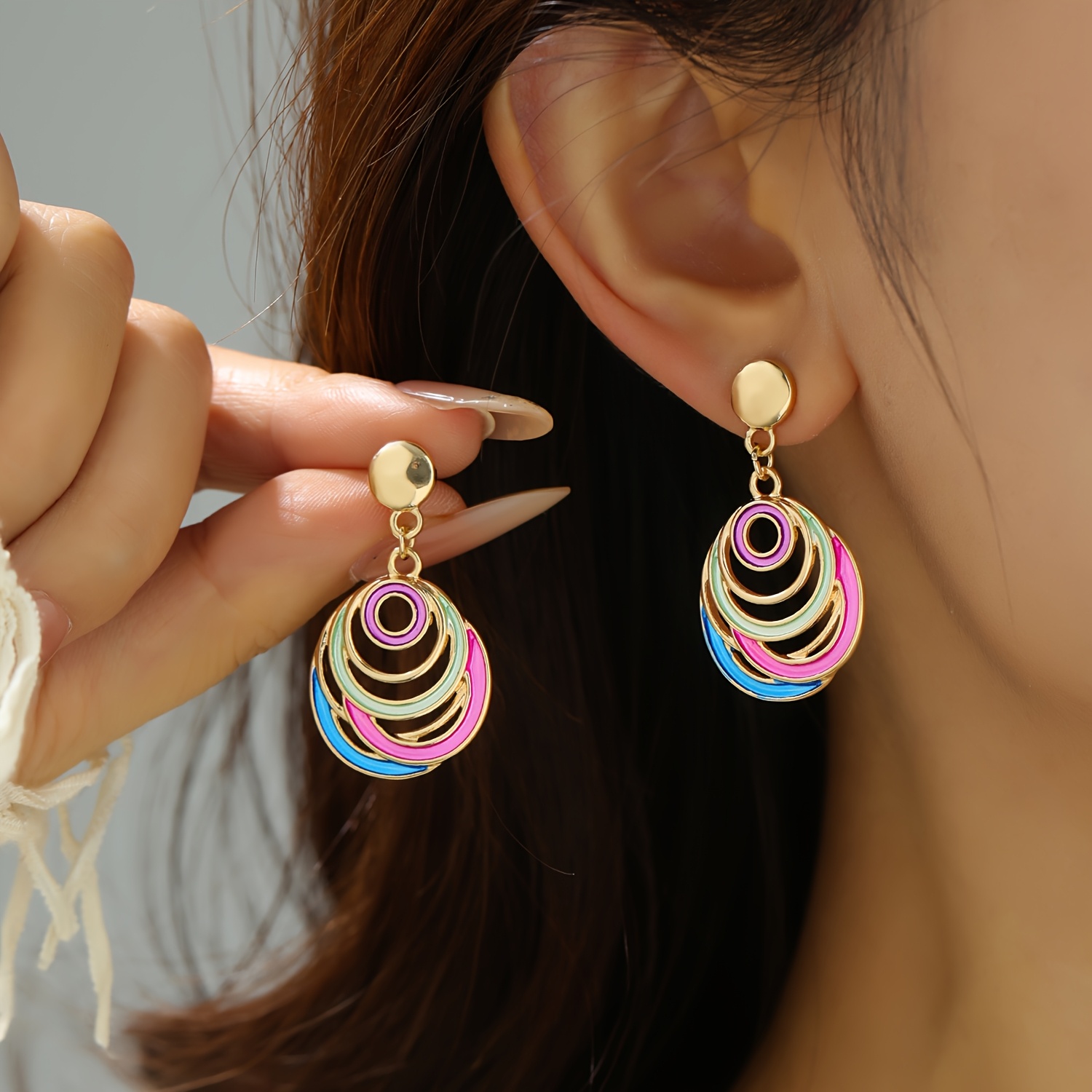 Vintage Bohemian Enamel Pendant Earrings, Circular Cut-Out Design